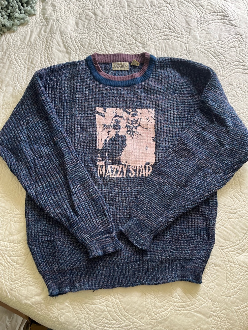 Unisex “Mazzy Star” Retro J Riggings Sweater. Blue & Purple. Size XL.